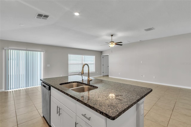 kitchen featuring visible vents, a sink, a ceiling fan, and dishwasher