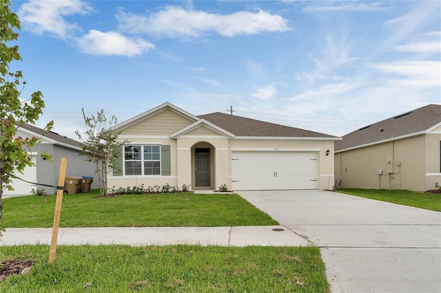 ranch-style home featuring concrete driveway, a front lawn, a garage, and stucco siding