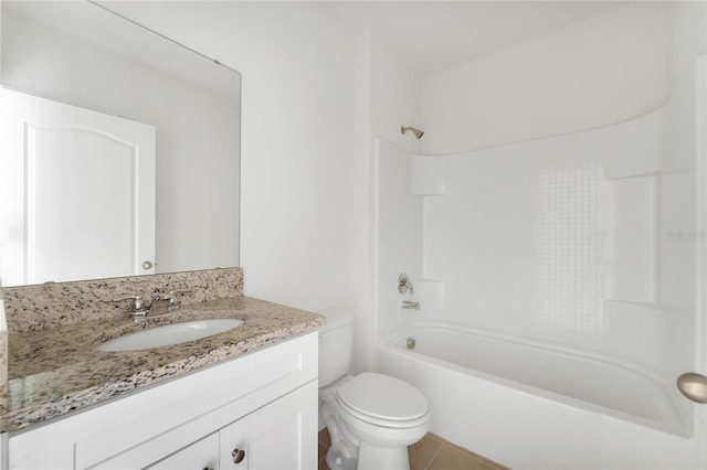 bathroom featuring shower / bathing tub combination, toilet, tile patterned flooring, and vanity