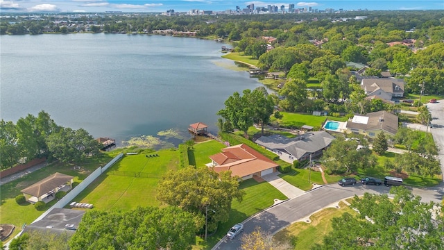 aerial view with a water view and a city view
