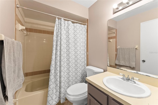 bathroom featuring toilet, vanity, and shower / tub combo with curtain