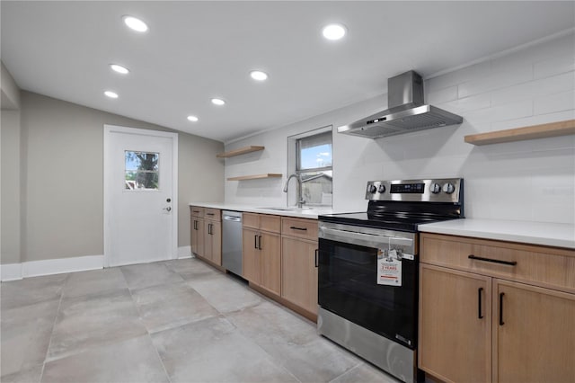 kitchen with open shelves, a sink, lofted ceiling, stainless steel appliances, and wall chimney exhaust hood