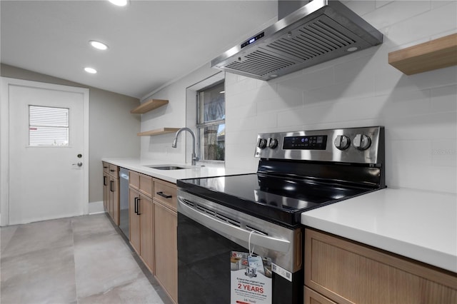 kitchen with tasteful backsplash, open shelves, a sink, stainless steel appliances, and wall chimney exhaust hood