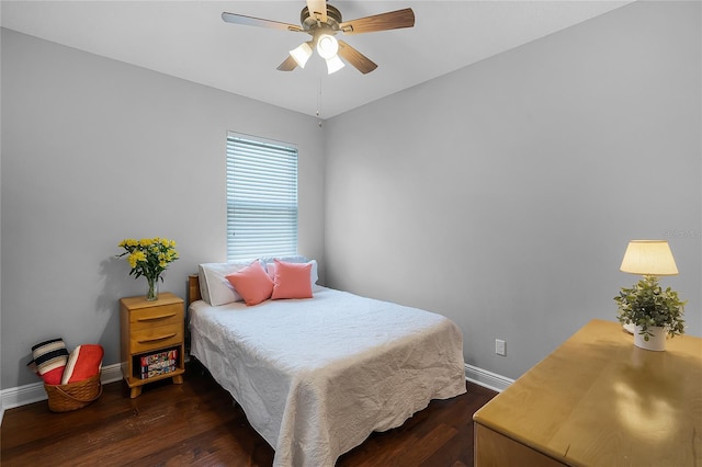 bedroom with baseboards, dark wood-style floors, and ceiling fan
