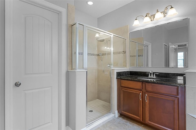 full bath with vanity, tile patterned flooring, and a stall shower