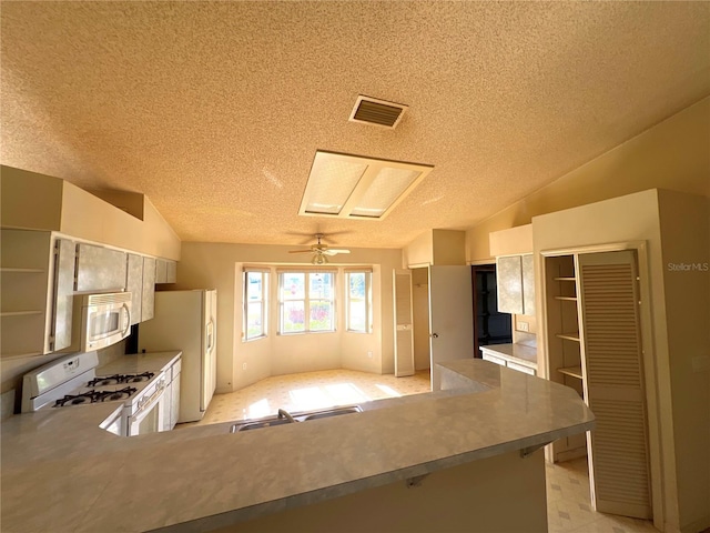 6042 Wade St, Leesburg, FL 34748 - kitchen featuring white appliances, a textured ceiling, and lofted ceiling