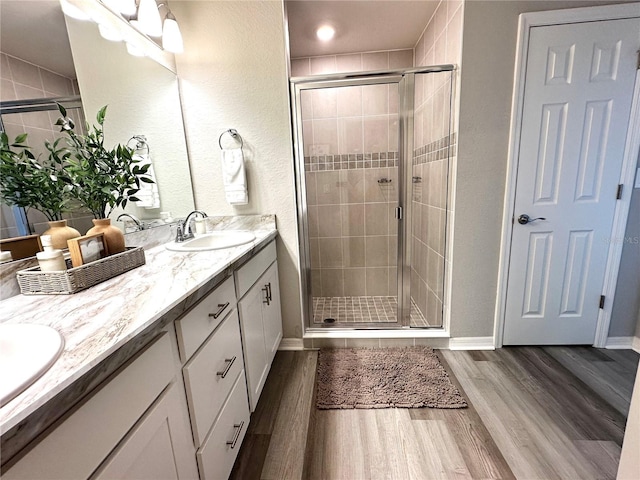 2000 Golden Beak Dr, Eagle Lake, FL 33839 - full bath with baseboards, a shower stall, a sink, and wood finished floors