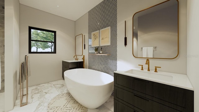 6168 SW 154th St, Ocala, FL 34473 - bathroom with marble look tiles, two vanities, and a soaking tub