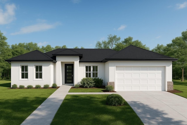 6168 SW 154th St, Ocala, FL 34473 - view of front of home with stucco siding, a front yard, driveway, and a garage