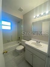bathroom featuring visible vents, toilet, tile patterned floors, vanity, and  shower combination