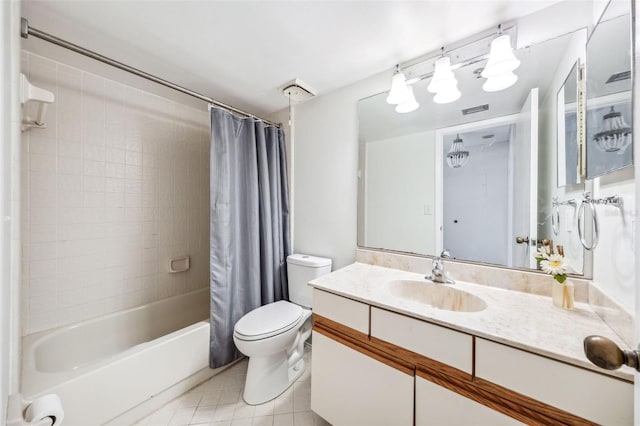 bathroom with visible vents, tile patterned flooring, shower / bath combo, vanity, and toilet
