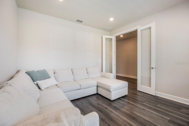 living room with french doors, recessed lighting, baseboards, wood finished floors, and visible vents
