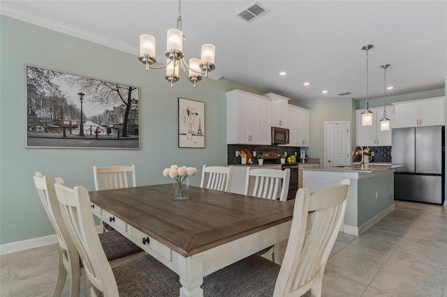 dining area featuring light tile patterned floors, visible vents, baseboards, an inviting chandelier, and recessed lighting