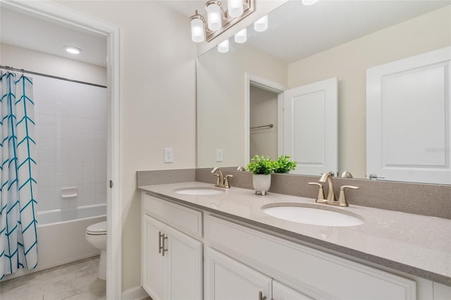 full bath with tile patterned flooring, double vanity, a sink, and shower / tub combo