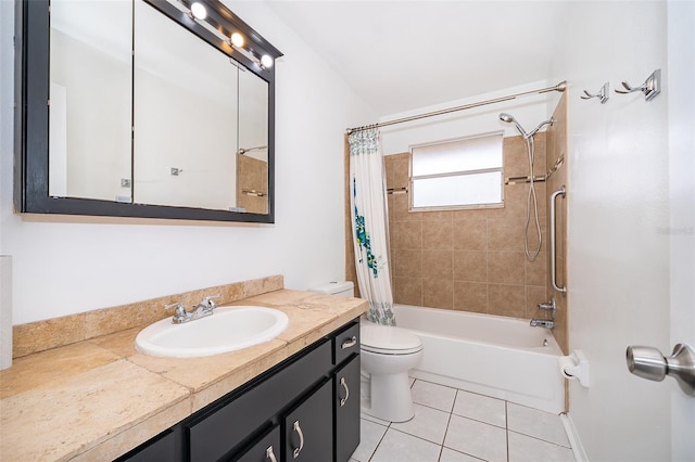 full bath featuring shower / bathtub combination with curtain, vanity, toilet, and tile patterned flooring