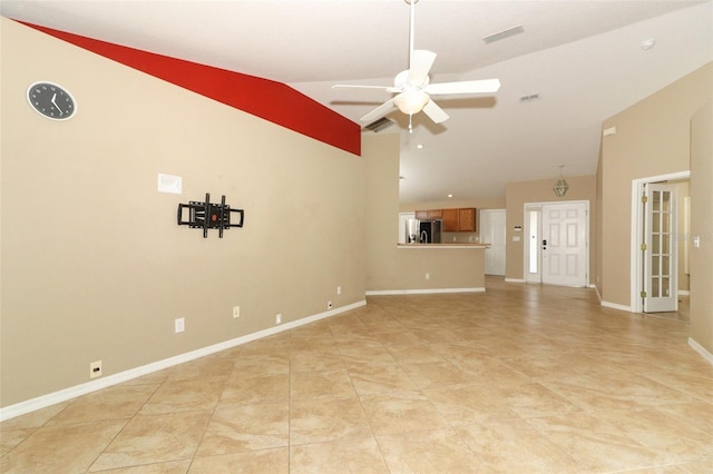 212 Regency St, Davenport, FL 33896 - unfurnished living room with a ceiling fan, high vaulted ceiling, visible vents, and baseboards