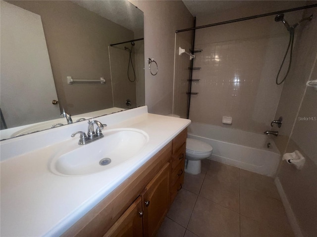 full bath featuring shower / tub combination, tile patterned flooring, toilet, and vanity