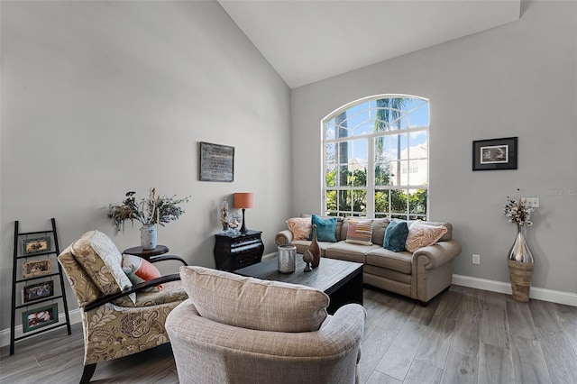 4027 Lakeside Reserve Ct, Orlando, FL 32810 - living area with baseboards, high vaulted ceiling, and wood finished floors