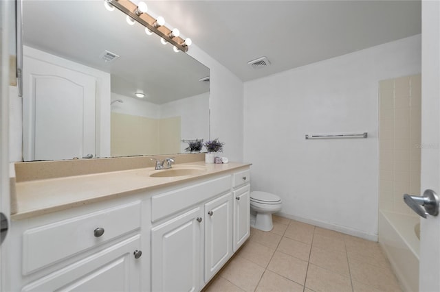 bathroom with tile patterned floors, visible vents, toilet, and vanity