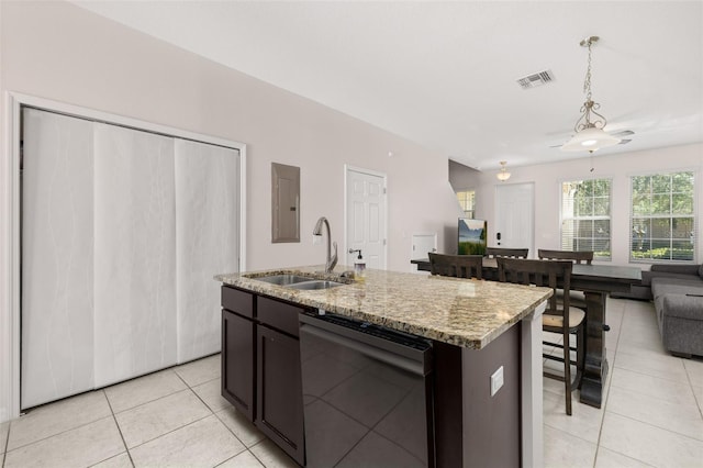 kitchen featuring a sink, electric panel, visible vents, dishwasher, and open floor plan