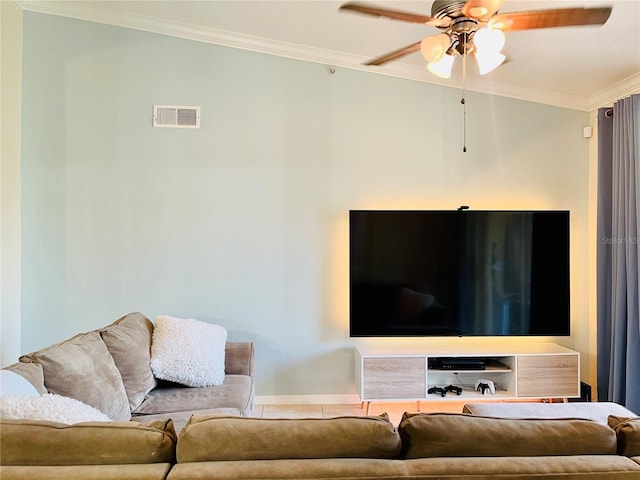20310 Estero Gardens Cir Unit 203, Estero, FL 33928 - living area featuring baseboards, a ceiling fan, and crown molding