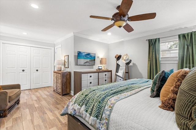 2105 Fosgate Dr, Winter Park, FL 32789 - bedroom with recessed lighting, ornamental molding, ceiling fan, and light wood-style flooring