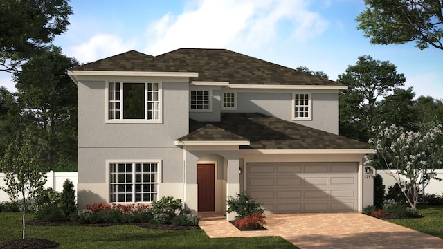 traditional-style house featuring a garage, driveway, roof with shingles, stucco siding, and fence