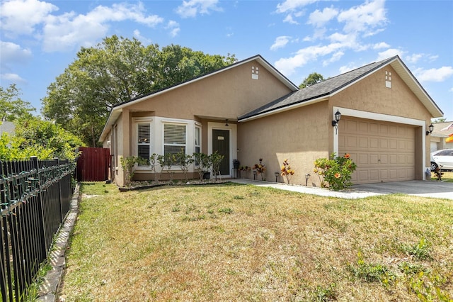 single story home featuring concrete driveway, an attached garage, a front yard, and stucco siding