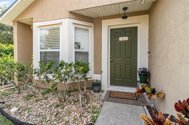 view of exterior entry featuring stucco siding