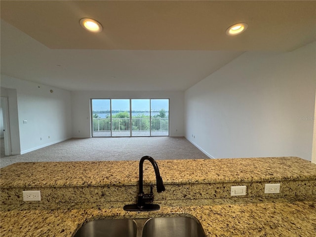 6336 Buford St Unit 307, Orlando, FL 32835 - kitchen featuring a sink, carpet floors, baseboards, and light stone counters