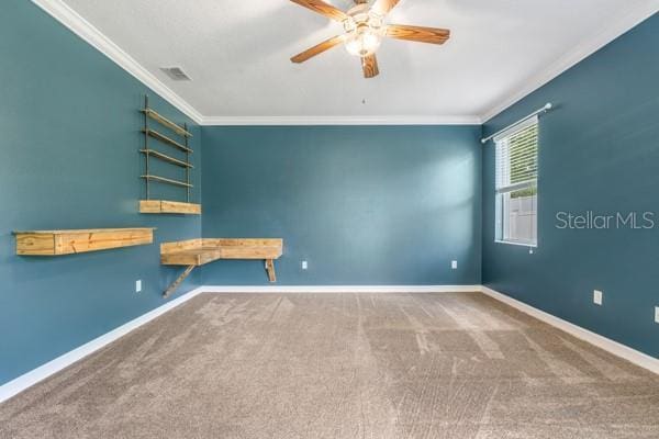 5839 Tarleton Way, Mount Dora, FL 32757 - unfurnished room with crown molding, carpet, a ceiling fan, and baseboards