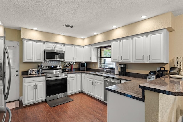 195 E Faith Ter, Maitland, FL 32751 - kitchen featuring appliances with stainless steel finishes, a sink, a textured ceiling, dark wood finished floors, and a peninsula