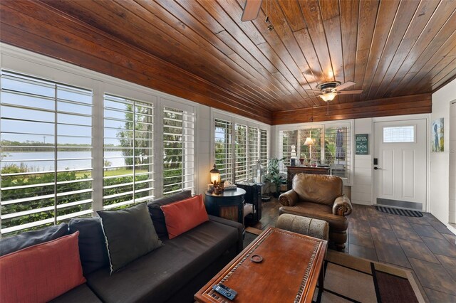 195 E Faith Ter, Maitland, FL 32751 - living room featuring a water view, ceiling fan, wood ceiling, and a wealth of natural light