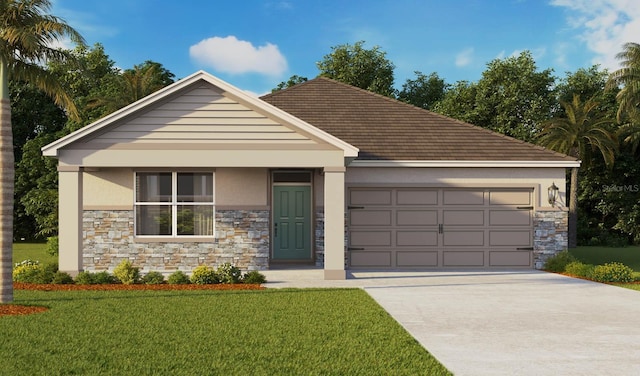 33620 Seattle Slew Dr, Sorrento, FL 32776 - view of front of property with stucco siding, a garage, concrete driveway, and stone siding