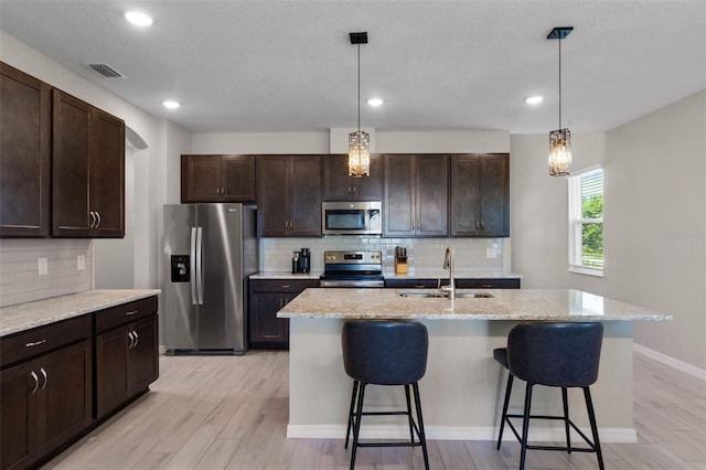 kitchen with stainless steel appliances, visible vents, a breakfast bar, and a sink