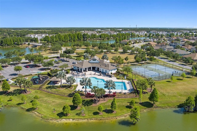 birds eye view of property featuring a water view