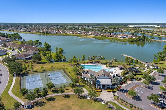 aerial view featuring a water view and a residential view