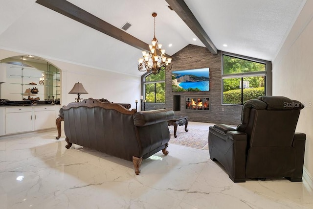 2108 Silver Leaf Ct, Longwood, FL 32779 - living area with an inviting chandelier, visible vents, marble finish floor, a fireplace, and lofted ceiling with beams