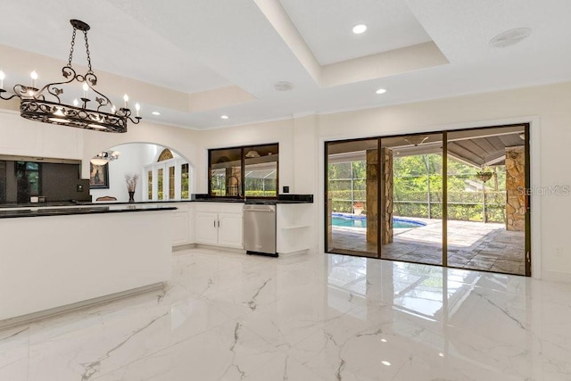 2108 Silver Leaf Ct, Longwood, FL 32779 - kitchen featuring marble finish floor, a raised ceiling, dishwasher, and dark countertops