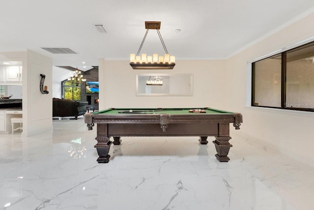 2108 Silver Leaf Ct, Longwood, FL 32779 - recreation room with billiards, a notable chandelier, and marble finish floor
