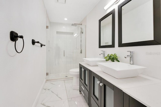 2108 Silver Leaf Ct, Longwood, FL 32779 - bathroom with a sink, marble finish floor, toilet, and a shower stall