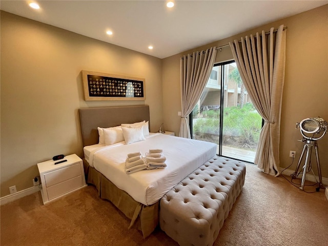 bedroom with recessed lighting, access to outside, carpet floors, and baseboards
