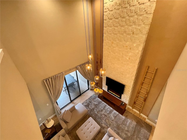 living area with baseboards, wood finished floors, a high ceiling, and a fireplace