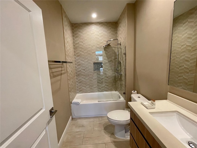bathroom featuring shower / tub combination, vanity, toilet, and tile patterned flooring