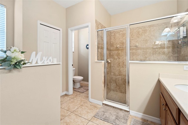 bathroom with tile patterned flooring, a stall shower, toilet, and vanity