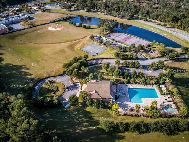 drone / aerial view with a water view