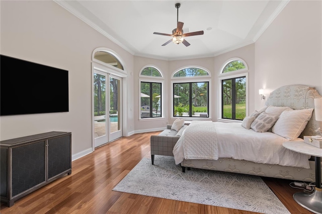 1716 Greystone Ct, Longwood, FL 32779 - bedroom featuring ceiling fan, access to outside, wood finished floors, baseboards, and ornamental molding