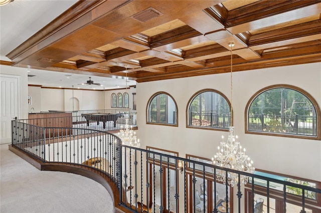 1716 Greystone Ct, Longwood, FL 32779 - corridor with visible vents, ornamental molding, carpet flooring, a notable chandelier, and an upstairs landing