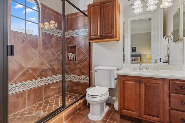 1716 Greystone Ct, Longwood, FL 32779 - full bath featuring vanity, tile patterned flooring, toilet, a shower stall, and a notable chandelier