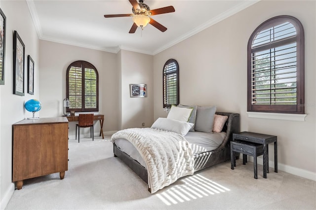 1716 Greystone Ct, Longwood, FL 32779 - bedroom featuring crown molding, baseboards, ceiling fan, and light carpet